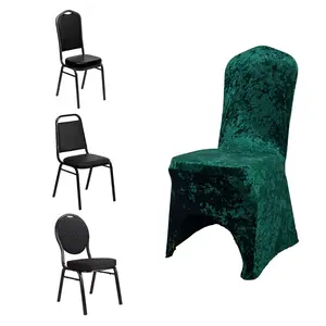 Crushed Velvet Spandex Banquet Chair Cover Fitted Slipcover Hunter Emerald Green - Stretch 190GSM Slipcover with Foot Pockets