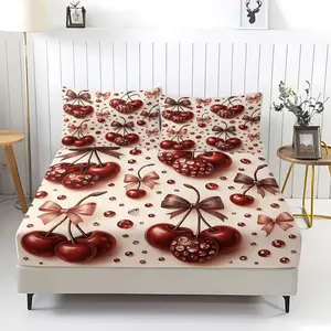3Pcs Cherry Bow Fitted Sheet Set, Featuring A Sweet and Girly Print, Full Coverage With High-Elasticity Band, Non-Slip and Dust-Proof Design, Perfect for A Vibrant and Youthful Bedroom Bedding Set.