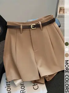 Women's Summer High Waist Suit Shorts, Front Pleated Loose Fit (without Belt), Casual Style, Plain Pattern, Fitted Design, Womenswear