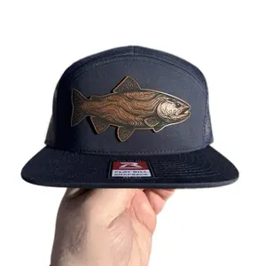 Martinez Design Co. Custom Trout Patch Hat Richardson Flat Bill Snapback Engraved Leatherette Fishing Cap Navy Blue