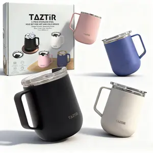 TazTir 4-Pcs Stainless Steel Hot & Cold Cups Gift Set,Insulated Coffee Mug 17oz Double Wall Vacuum Sealed with Shatter-Proof Lid BPA Free for Hot Cold Drinks in Black Cream Pink Navy Blue Drinkware Thermal Insulation Tumbler Cup