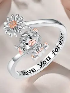 Elegant Daisy Cow Open Ring Set, Unique Rings, Adjustable Silver Color Jewelry for Women, Cute Animal Design Gift for Birthdays & Holidays