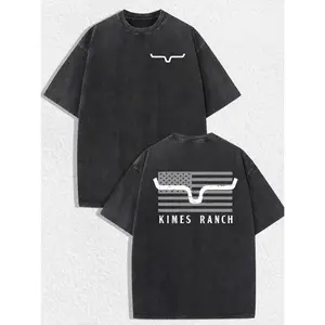 Kimes Ranch Aztec American Flag Logo  Washed Tee, Western Tribal Graphic Tee, White Geometric Back Print With Front Chest Horn Emblem, Ranch Casual Outfit, Soft Cotton Tee Gift For Men and Women