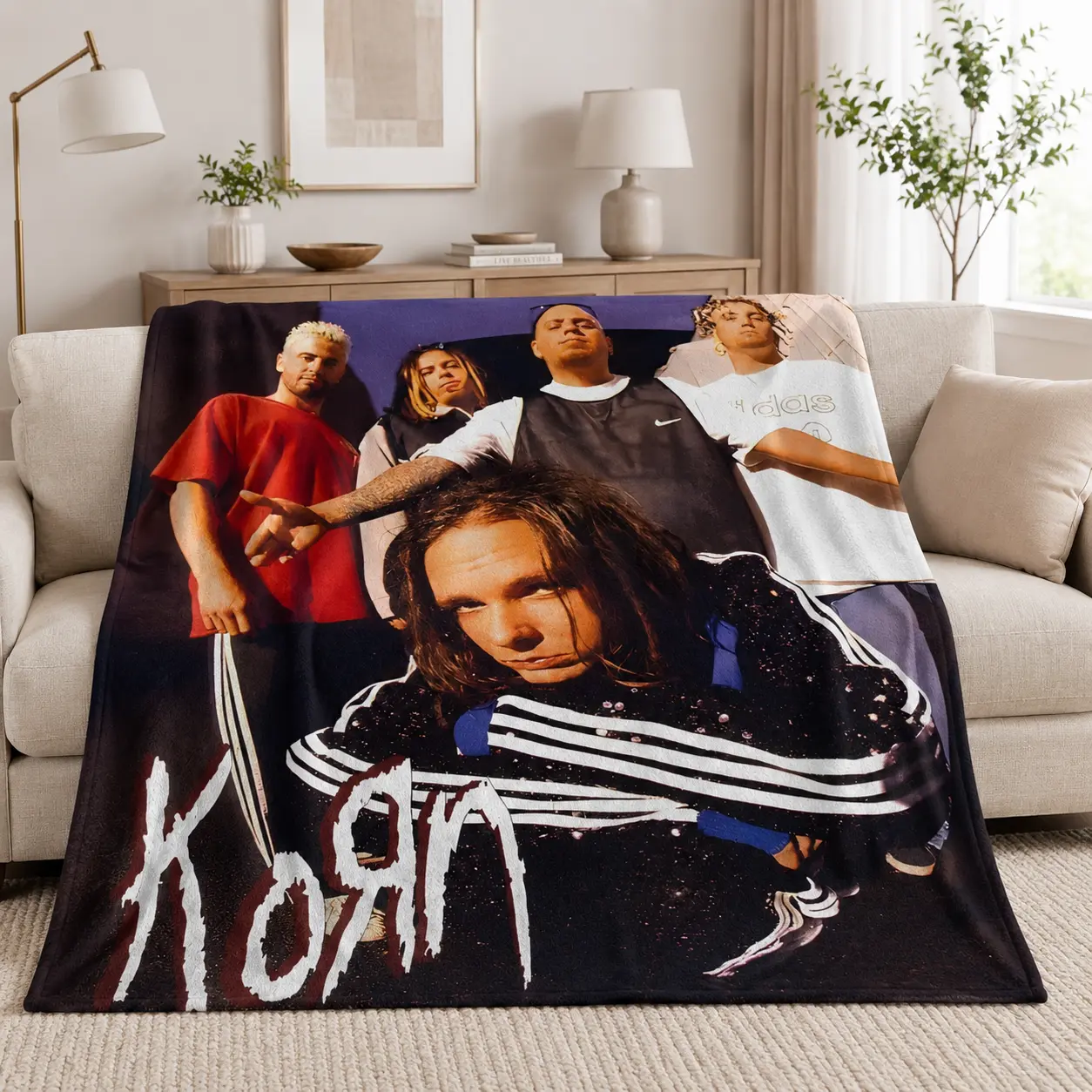 Korn Rock Band Nu Metal Printed Flannel Blanket, 90s Vintage Aesthetic Cozy Soft Throw Blanket for Couch Bed, Cool Y2K Music Fan Merch Room Decor Gift