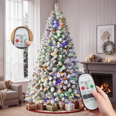 【17 Light Modes】Alupssuc Pre-Lit Flocked Christmas Tree, Warm White & Multicolor LEDs, Remote Control & Timer, Snow-Covered Branches, Christmas Holiday Home Decor