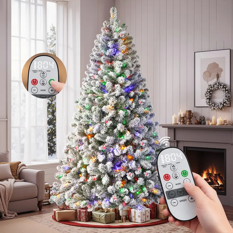 【17 Light Modes】Alupssuc Pre-Lit Flocked Christmas Tree, Warm White & Multicolor LEDs, Remote Control & Timer, Snow-Covered Branches, Christmas Holiday Home Decor