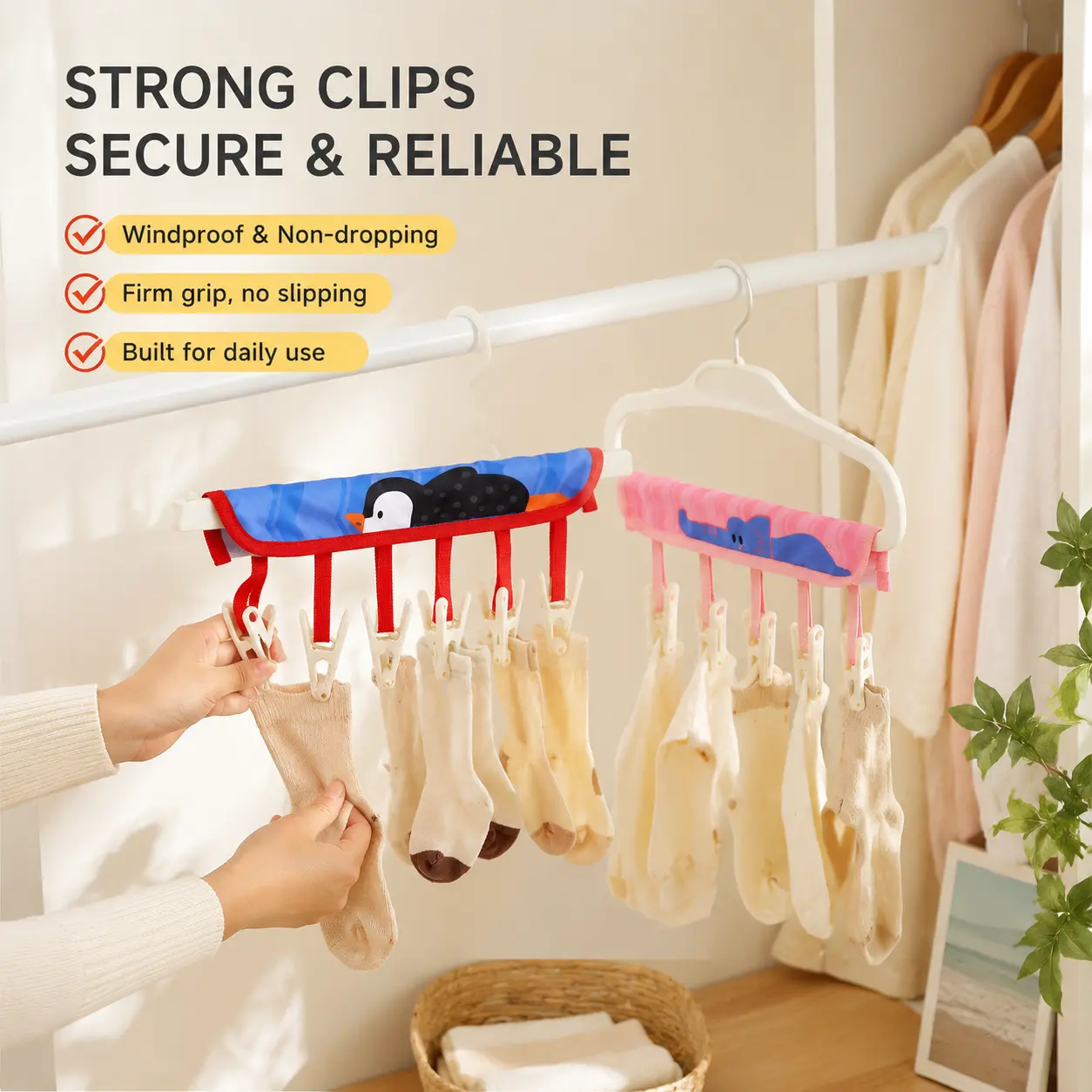 Foldable Cartoon Fabric Hanger with Non-slip Clips, Portable Drying Rack for Socks Small Garments for Closet Bathroom Travel