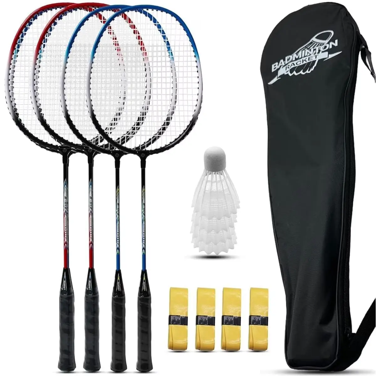 Badminton Racket Set of 4 Aluminum Racquets with Shuttlecocks Carry Bag Grip Tapes for Backyard Beach Family Outdoor Games