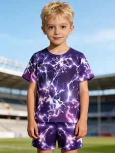 Kids Boys Purple Blue Lightning All Over Print T-Shirt and Shorts Set, Cool E-sports Trendy Athletic Casual Outfit for Children