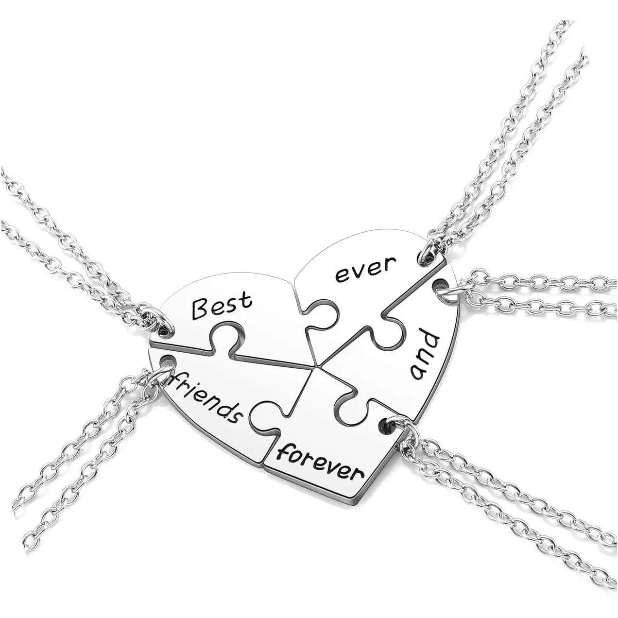 Set of 5 Matching Friendship Necklaces for Women, Alloy Heart Jigsaw Puzzle Pendant Chain, Engraved BFF Jewellery for Birthday Gifts
