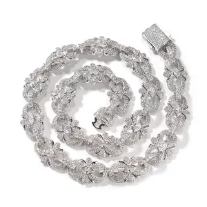 Lxalry 16mm Iced Out Horseshoe Flower Cuban Chain Necklace Bracelet Set for Men Brass CZ Silver Pink Blue Hip Hop Rapper Bling Jewelry Streetwear Statement Gift