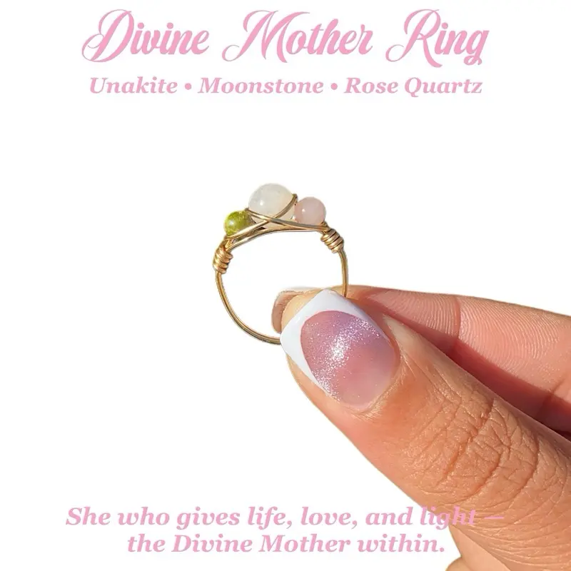 Divine Mother Ring – Moonstone, Rose Quartz & Unakite Crystal Fertility Ring for Fertility, Intuition, and Emotional Harmony
