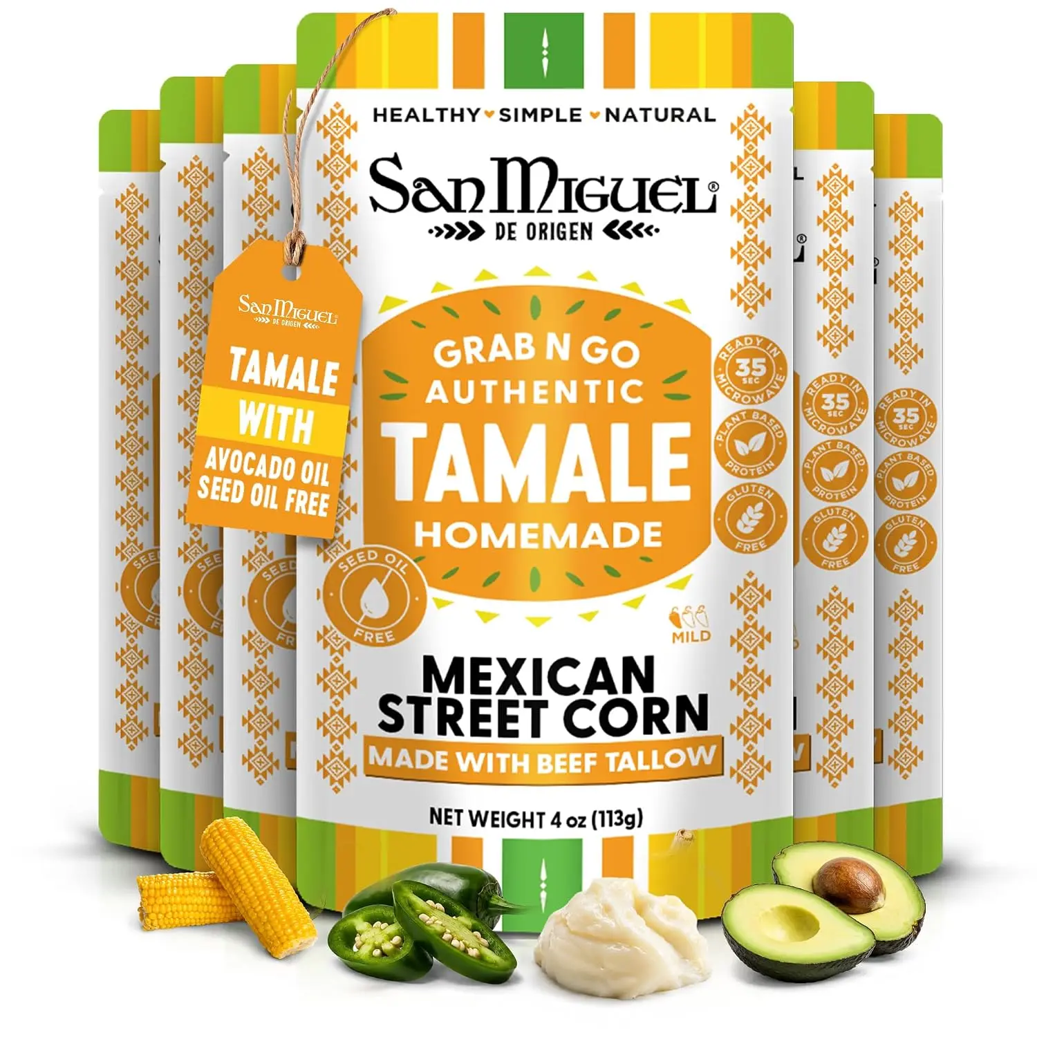 San Miguel Authentic Beef Tallow Tamales - Microwave Pouch, Mexican Street Sweet Corn, Salsa Verde, Avocado Oil, Tomatillo, Jalapeño Pepper, Gluten-Free, Mild Heat, BPA-Free, Good Protein Source, Convenient Readymade Meal (6 Pcs, 4 oz)