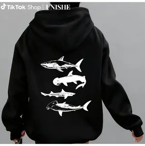 winter  western  outfits Ocean-Themed Vintage Dual-Horn Shark Hoodie – Casual Comfort for Fall & Winter