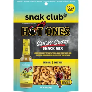 Snak Club x Hot Ones Snack Mix, Smoky Sweet, Spicy Snacks with Peanuts, Pretzels, Sesame Sticks, Toasted Corn, Cashews, Inspired by Hot Ones, Vegan Snack, 10 oz Resealable Bag