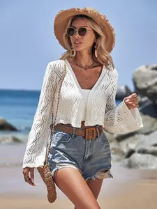 New Women's Fashion One-Piece Hollow Out Long Sleeve Cardigan, Spring Summer Beach Cover-Up, Swimsuit Cover Up, Sexy Casual Knit Top, Beach Cover Ups