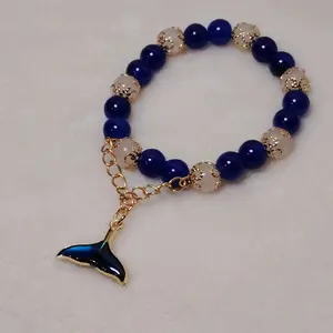 Whale Tail Bracelet Homemade Unique Jewelry with Navy Blue Beads and Gold Chain Charm