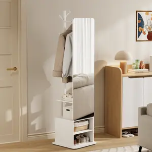 Flycity Full Length Mirror, Full Body Mirror Solid Wood Oversized Mirror with Coat Rack, Stand Long Mirrors with Storage Shelves for Bedroom, Living Room (Black and white colors Swivel)