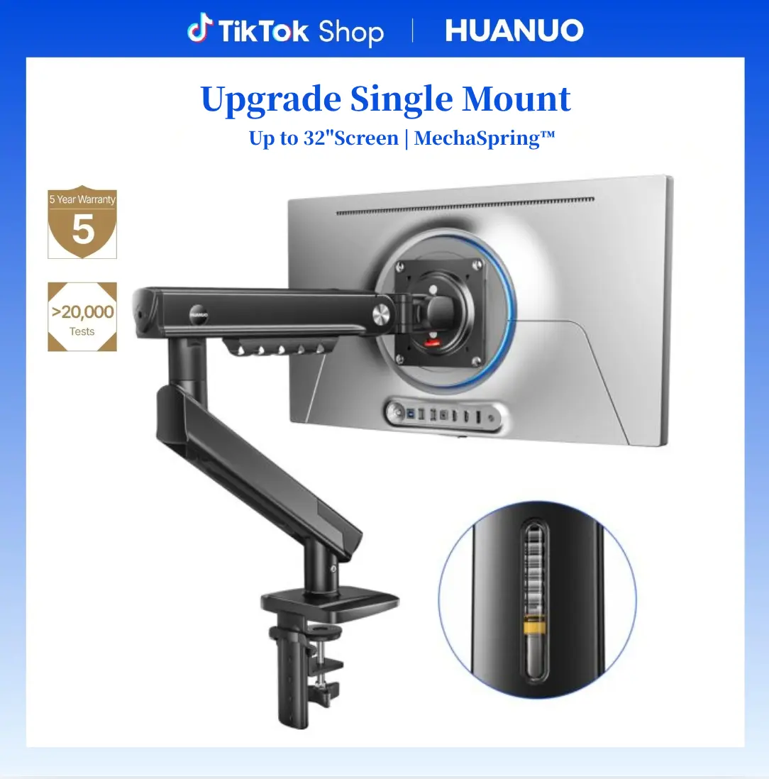 HUANUO Durable Fully Adjustable Single Monitor Desktop Mount, 13-32 in Screens, Tool-Free VESA Installation, Cable Management, 19.8 lbs Max Load, 100x100mm Max VESA Compatibility, Office Accessories, Desk Accessory