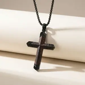 Men's Vintage Wooden Cross Pendant Necklace Stainless Steel Jewelry for Party Daily Wear Exquisite Gift for Birthday Valentine's Day