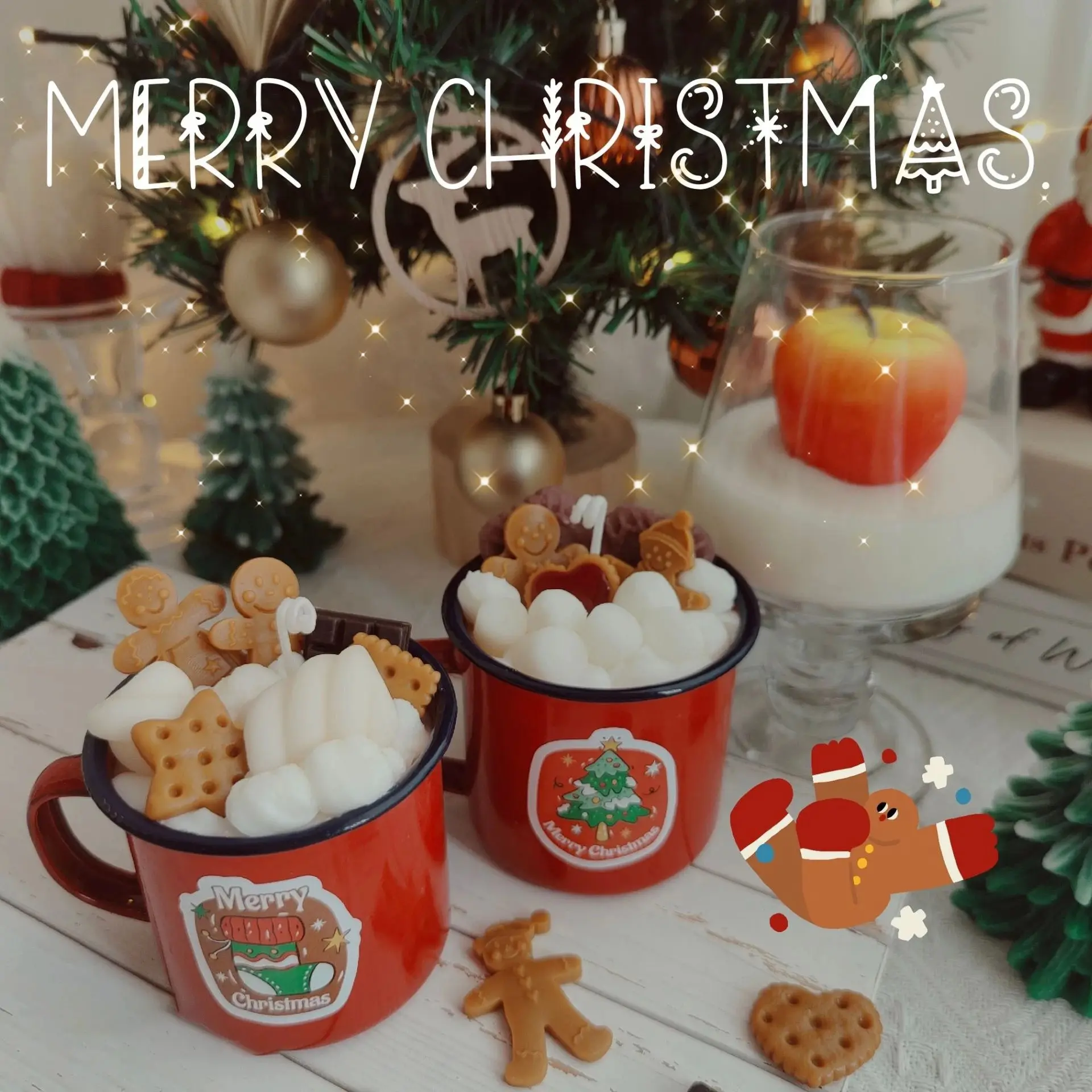 Christmas Scented Candle in Festive Red Cup with Gingerbread Cookies and Marshmallows for Cozy Holiday Atmosphere Perfect for Home Decor and Gifting