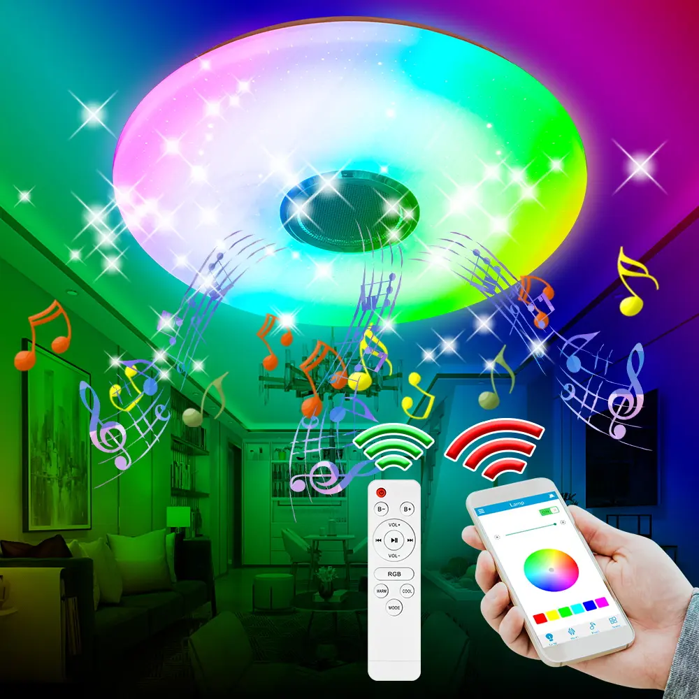 RGB Bluetooth LED Ceiling Light, Music Sync Led, Music Player with Remote AC100-240V 256Colors Dimmable Smart Timer Switch BT APP Control Energy Saving Eye Protection Night Lamp Modern Mood Lighting Bedroom Living Room Atmosphere Decoration Lighting