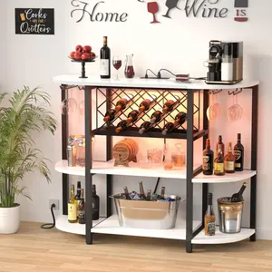 Wine Bar Cabinet with LED Light ＆ Power Outlets, Metal Frame Wood Wine Coffee Utensils Cabinet for kitchen