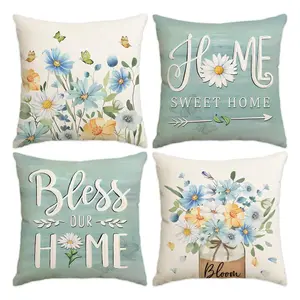 Floral & Letter Pattern Cushion Cover, 4 Counts/set Square Pillow Cover, Household Decoration Supplies for Home Living Room Bedroom, Bedroom Decorative Accessories