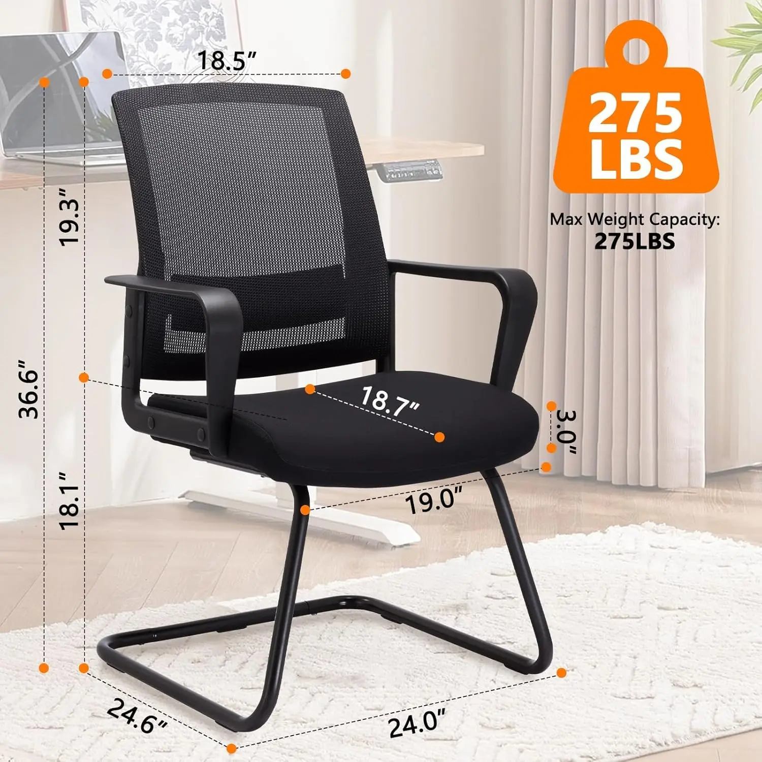 Office Guest Chairs for Conference Room with Mid Back Mesh Space Air Grid Series and Lumbar Support Black 2PK