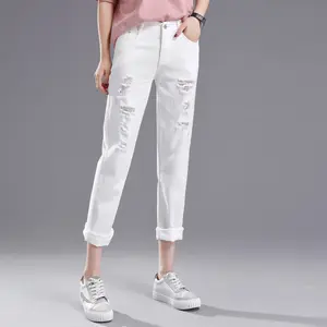 Women's Ripped Jeans Loose Nine Points Spring and Autumn Style Student Loose Slimming Casual Harem Pants White Minimalist Basic Bottoms Womenswear Everyday Womenswear Everyday Womenswear Everyday Womenswear Everyday Fit Trouser Denim Streetwear