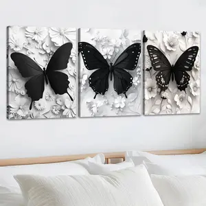 Butterfly & Flower Pattern Canvas Print Painting, 3 Counts Modern Minimalist Print Artistic Wall Art Painting, Wall Art Decor for Home Living Room Bedroom Office, Ornaments, Decoration
