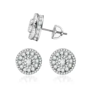 Hip Hop Bling Out Circular Lab-Created D Color Halo VVS Synthetic Moissanite Stud Earring S925 Sterling Silver Screw Back Moissanite Jewelry Perfect Birthday Mother’s Day Gift for Men Women Wedding Set