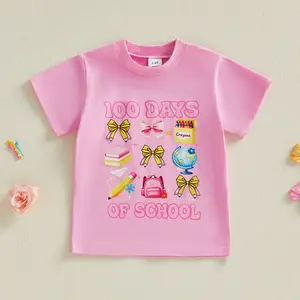 Girls 100 Days Of School T Shirts Short Sleeve Round Neck Bow Print Tops Toddler T-Shirts