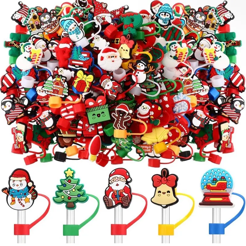 Christmas Straw Toppers - Festive Santa Snowman & Tree Designs for Holiday Decorations