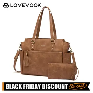 【Christmas Gift】LOVEVOOK Elegant Solid Color Laptop Tote Bag for Women, 15.6 inches Retro Chic Work Bag with Two Cup Holders & Organized Compartments & Tassel zipper charm, Daily Commuting Bag for Teachers and Nurses TikTokShopBlackFriday