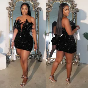 Elegant Summer Spring Women's Black Sequin Feather Strapless Deep V Neck Slim Fit Short Dress for Formal Wear & Party Basic Style Gamis Women'swear Minimalist