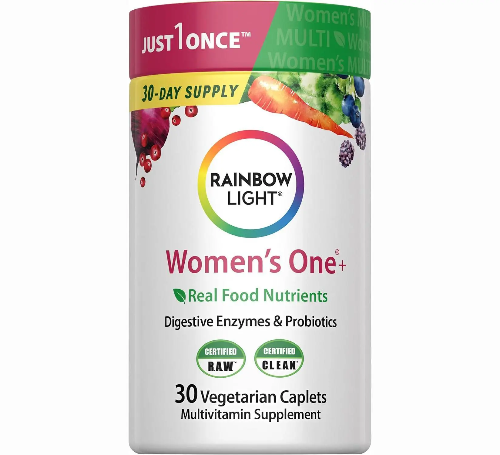 Rainbow Light Womens Multivitamin One + | 30 Caplets | Real Food Nutrients, Digestive Enzymes & Probiotics