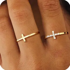 FREEKISS Cross Rings For Women Girls Dainty Trendy Stackable Ring Set Thin Cz Cross Finger Rings Non Tarnish Simple Statement Rings Wedding Bands Jewellry Size 5-10 Design Elegant Fashion
