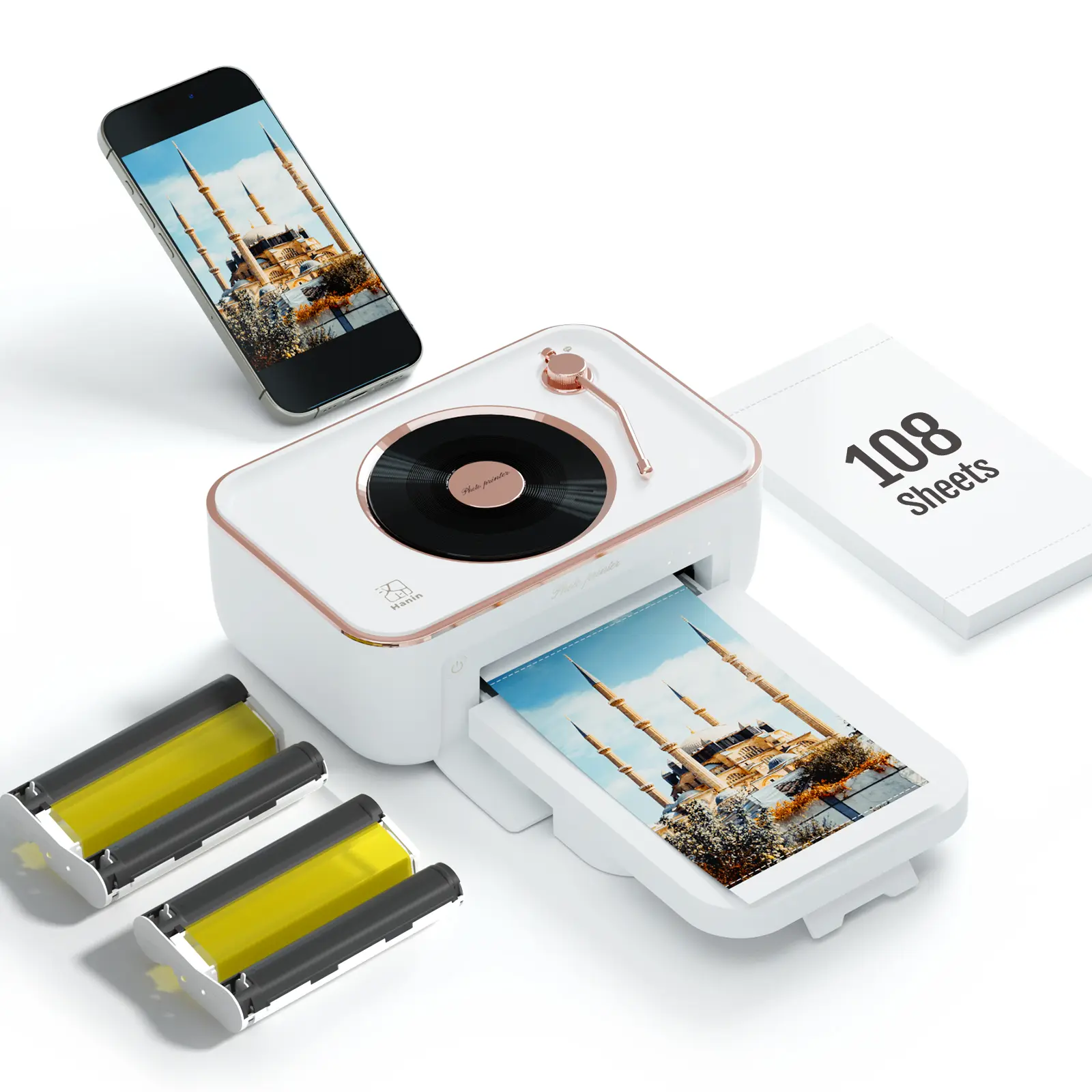 Hanin CP6000 Portable Wireless Photo Printer Bundle - 108 Sheets 4x6 in Paper & Ribbon, 300 dpi, Smartphone Compatible, Bluetooth Speaker, Gramophone Face Design