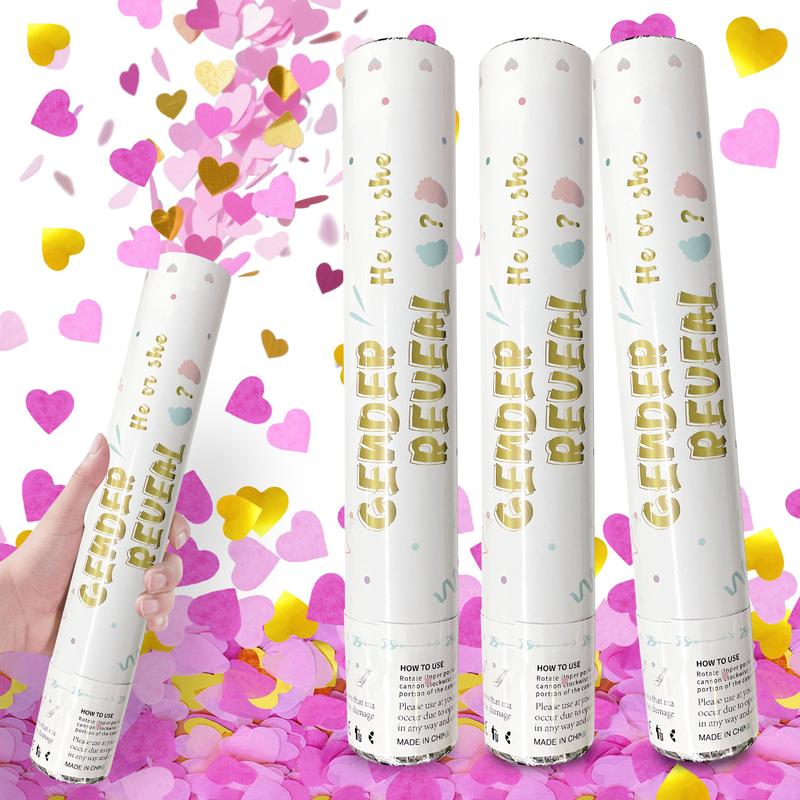 Gender Reveal Confetti Cannon - Biodegradable Heart Shaped Confetti Party Poppers - Pink, 4 Pack - Baby Girl Gender Reveal Party Poppers Cannons Shooters Blaster