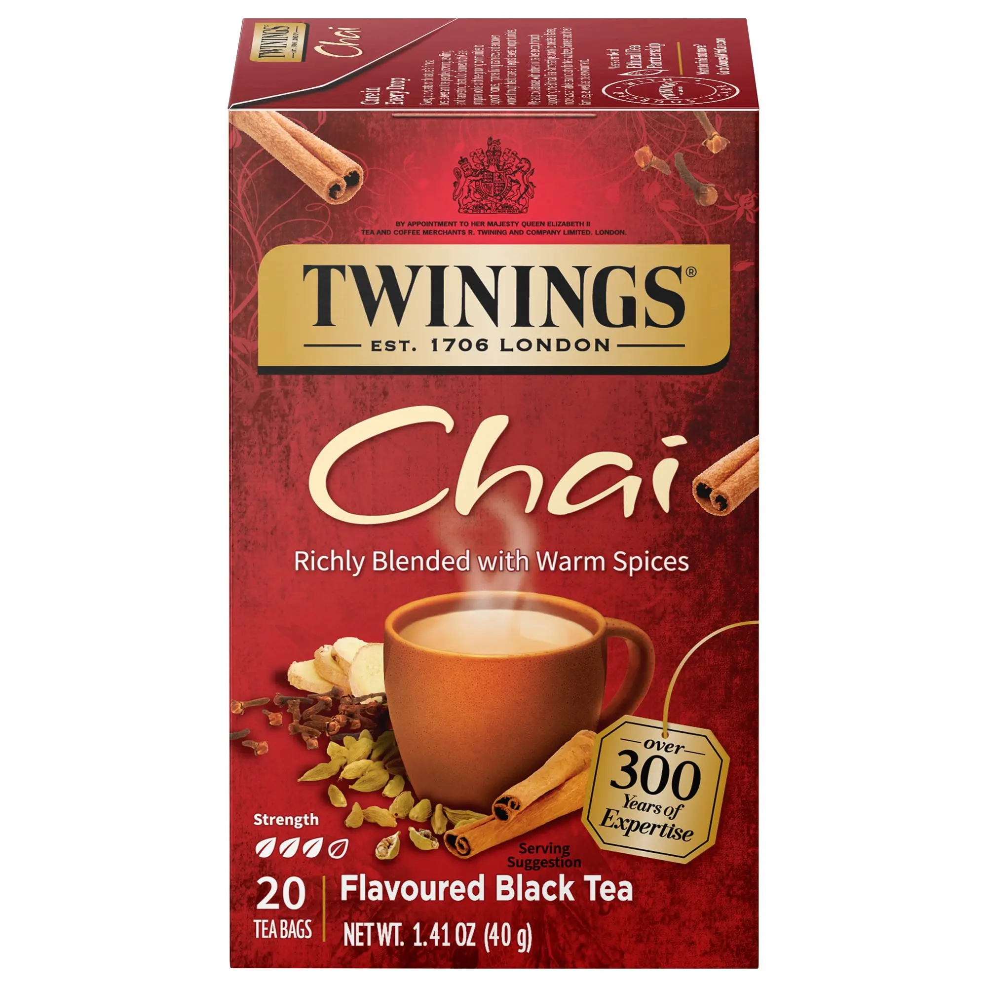 Twinings of London Chai Tea Bags 20 Count Richly Blended with Warm Spices Flavored Black Tea 1.76 Oz