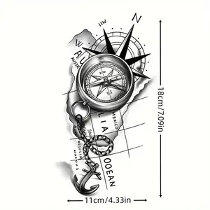 Nautical Compass & Skull Design Temporary Tattoo Stickers Waterproof Semi-Permanent Effect Non-Reflective 1 Pack for Fashion Adventurous Expression