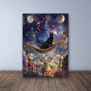 Starry Sky Cat DIY Diamond Painting Kit, Frameless 5D Mosaic Art, Full Drill Round Acrylic Diamonds, Handmade Cross Stitch Wall Decor