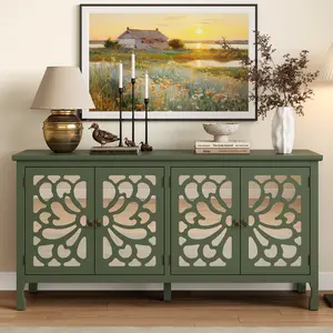 RoyalCraft L Carved Sideboard Cabinet with Storage, 63'' Modern Buffet Cabinet with Mirrored Door and Adjustable Shelves, Accent Cabinet for Entryway, Dining Room, Living Room, Kitchen, Bathroom