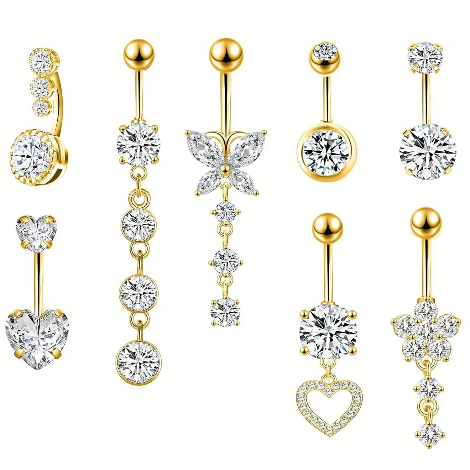 Dangle Belly Button Rings, 8-Piece Mixed Style Stainless Steel Navel Jewelry Set for Women with Flower & Heart Designs, 14G 10mm Barbell, Dangle Belly Ring, Non Tarnish Jewelry, Piercings, Stylish Accessories, Stainless Steel Resists Daily Wear