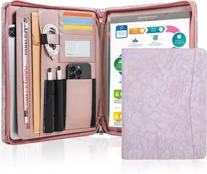 Leather Portfolio for Women, Embossed PU Leather Padfolio with Zipper, Professional Business Document Organizer with A4 Notepad Holder, Professional Organizer for Resume/Interview(Purple)