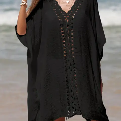 Women's Solid Contrast Crochet Cover Up, Women's Summer Clothes, Casual Batwing Sleeve V Neck Cover Up Dress for Summer Outdoor Beach Holiday Vacation, Women's Clothing, Swimsuit Coverup, Swimwear Coverups, Cover Up Beachwear