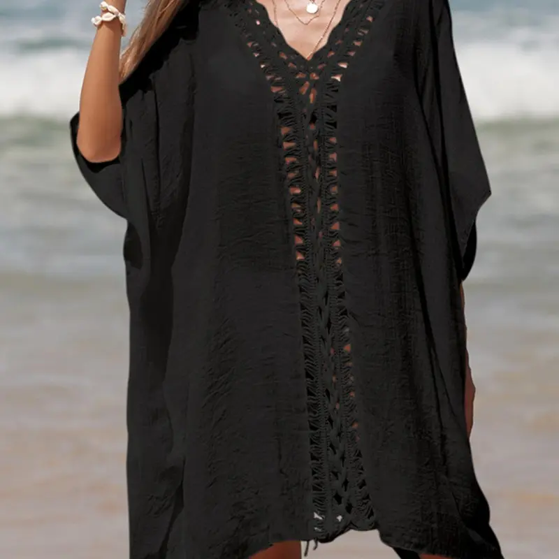 Women's Solid Contrast Crochet Cover Up, Women's Summer Clothes, Casual Batwing Sleeve V Neck Cover Up Dress for Summer Outdoor Beach Holiday Vacation, Women's Clothing, Swimsuit Coverup, Swimwear Coverups, Cover Up Beachwear