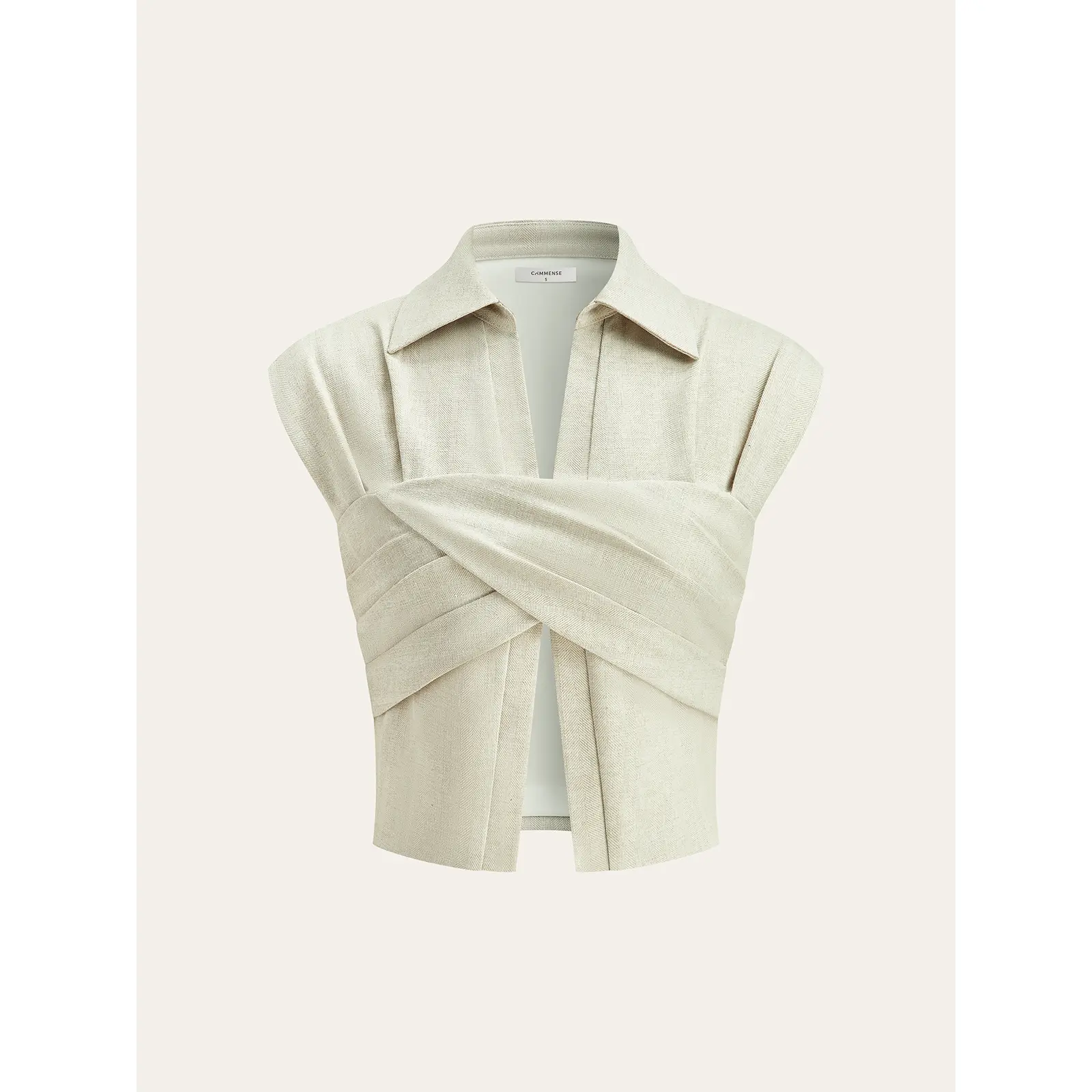 Linen Blend Cropped Blouse with Cross Wrap Detail