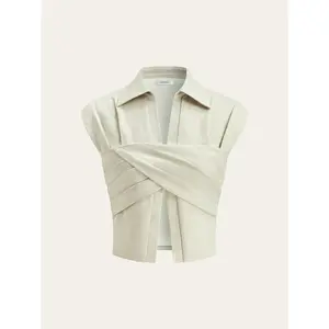 Linen Blend Cropped Blouse with Cross Wrap Detail